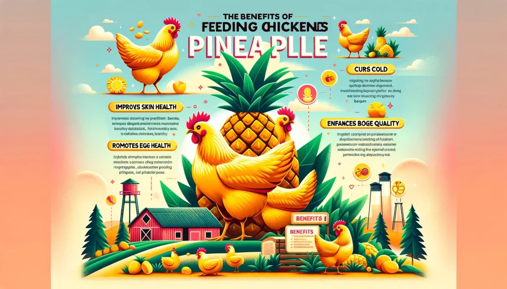 DALL·E 2024 03 17 05.37.55 Create an engaging and colorful infographic titled The Benefits of Feeding Chickens Pineapple. The infographic should vividly illustrate chickens in 1