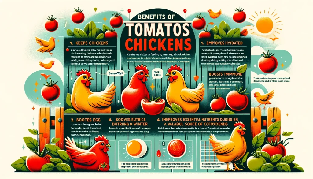 DALL·E 2024 03 18 00.05.48 Create an engaging and visually appealing infographic titled Benefits of Feeding Tomatoes to Chickens. This infographic should clearly depict and li 1