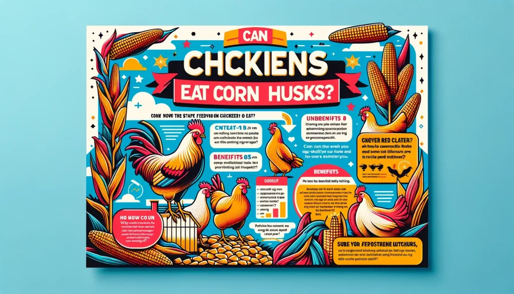 DALL·E 2024 03 18 03.18.20 Create a vibrant and informative infographic answering the question Can Chickens Eat Corn Husks . The design should feature illustrations of chicken 2